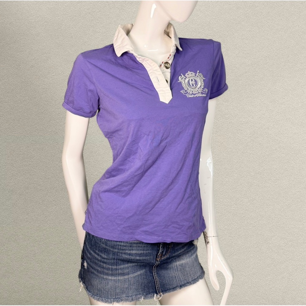 Conte of Florence‎ Purple Stretch Polo Top Embroidered Crest Y2K Prep Fitted Tee